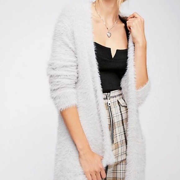 Free People Silver Cloud Gray Faux Fur Medium Open Cardigan Sweater - Picture 1 of 14